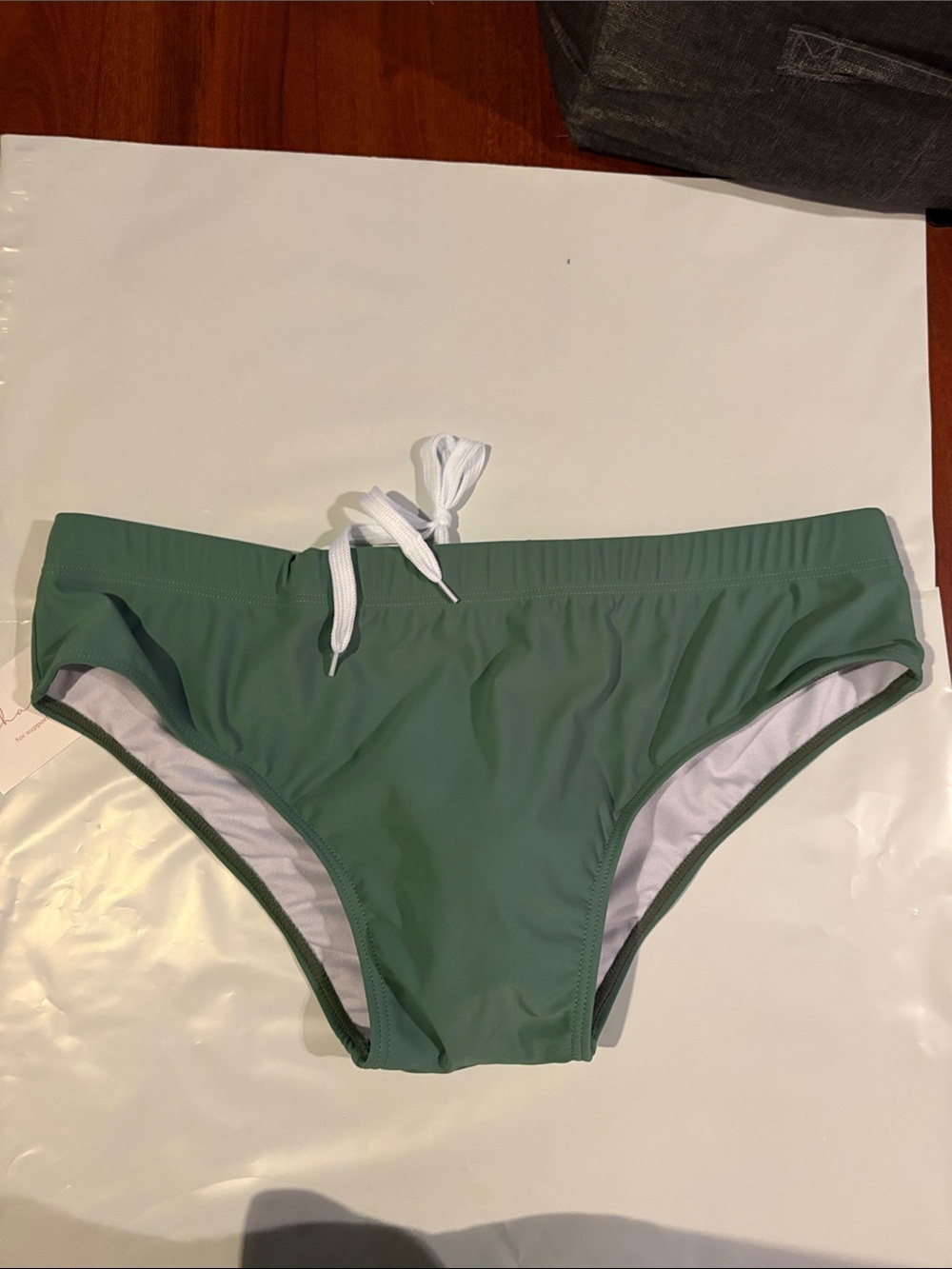 Men’s  Green Swim Brief with White Drawstring w removable cup